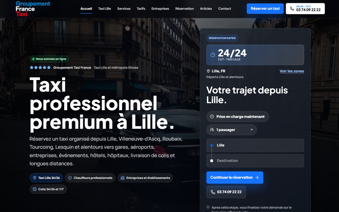 Capture du site Groupement Taxi France, plateforme taxi nationale