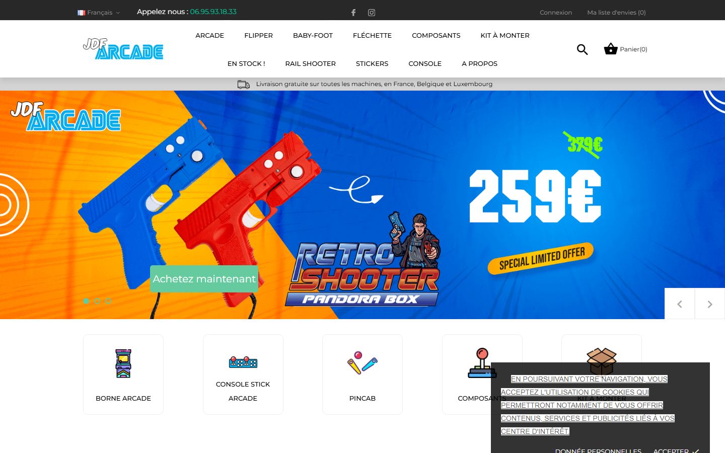 Capture du site JDF Arcade, boutique e-commerce arcade et pincab