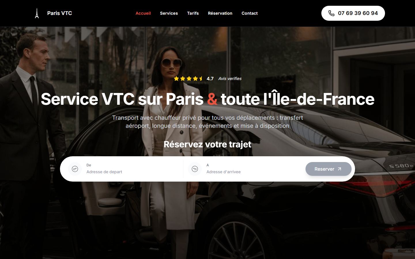 Capture du site ParisVTC.fr, site chauffeur privé VTC à Paris