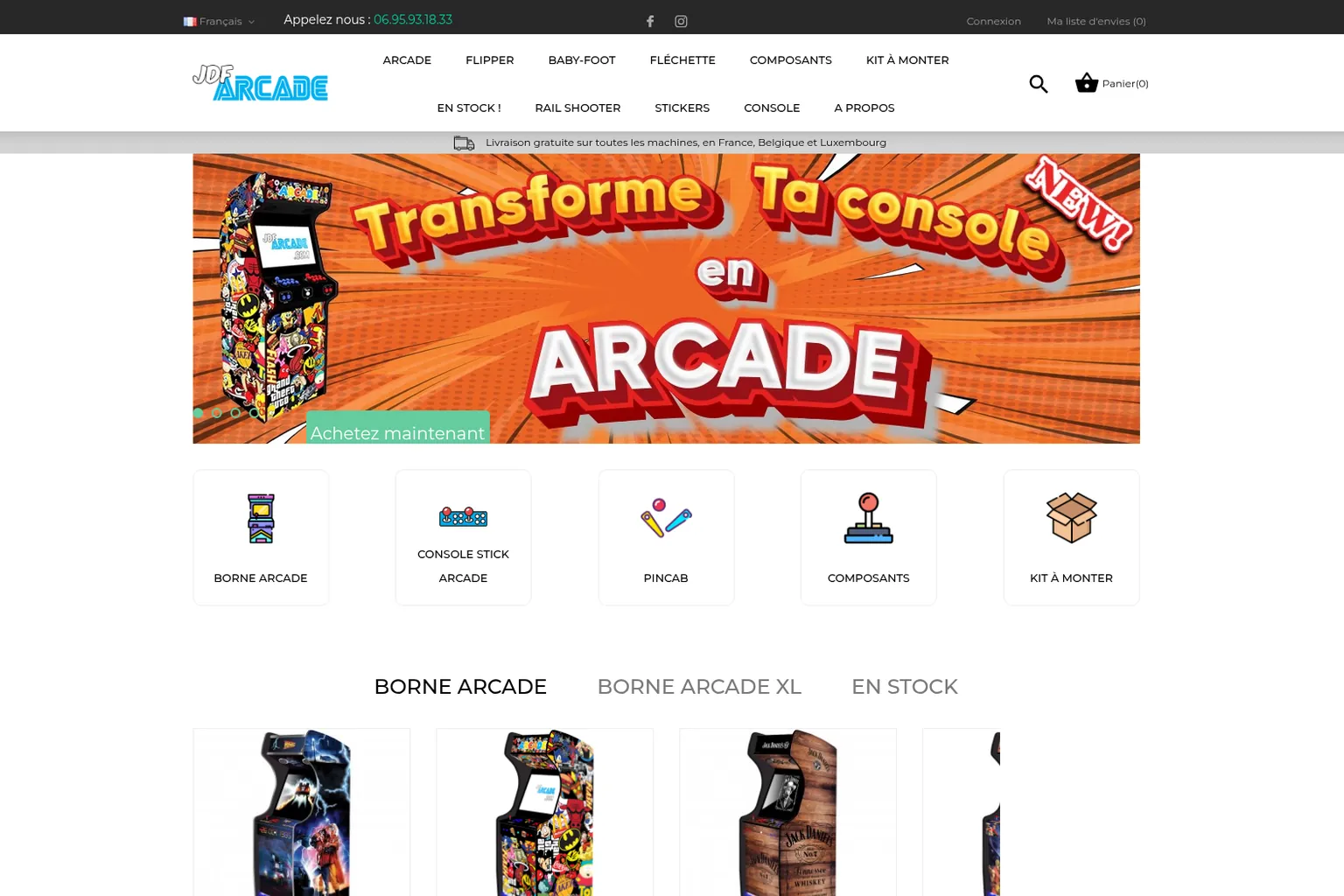 Maquette de la boutique JDF Arcade — e-commerce de bornes d'arcade avec catalogue et panier