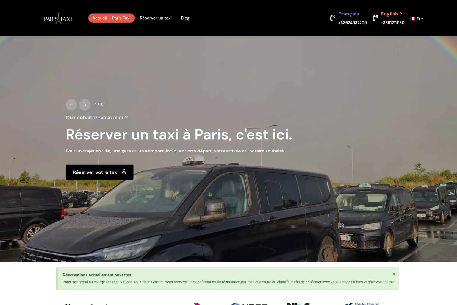 Maquette du site ParisTaxi.net — réservation de taxi parisien avec formulaire de trajet