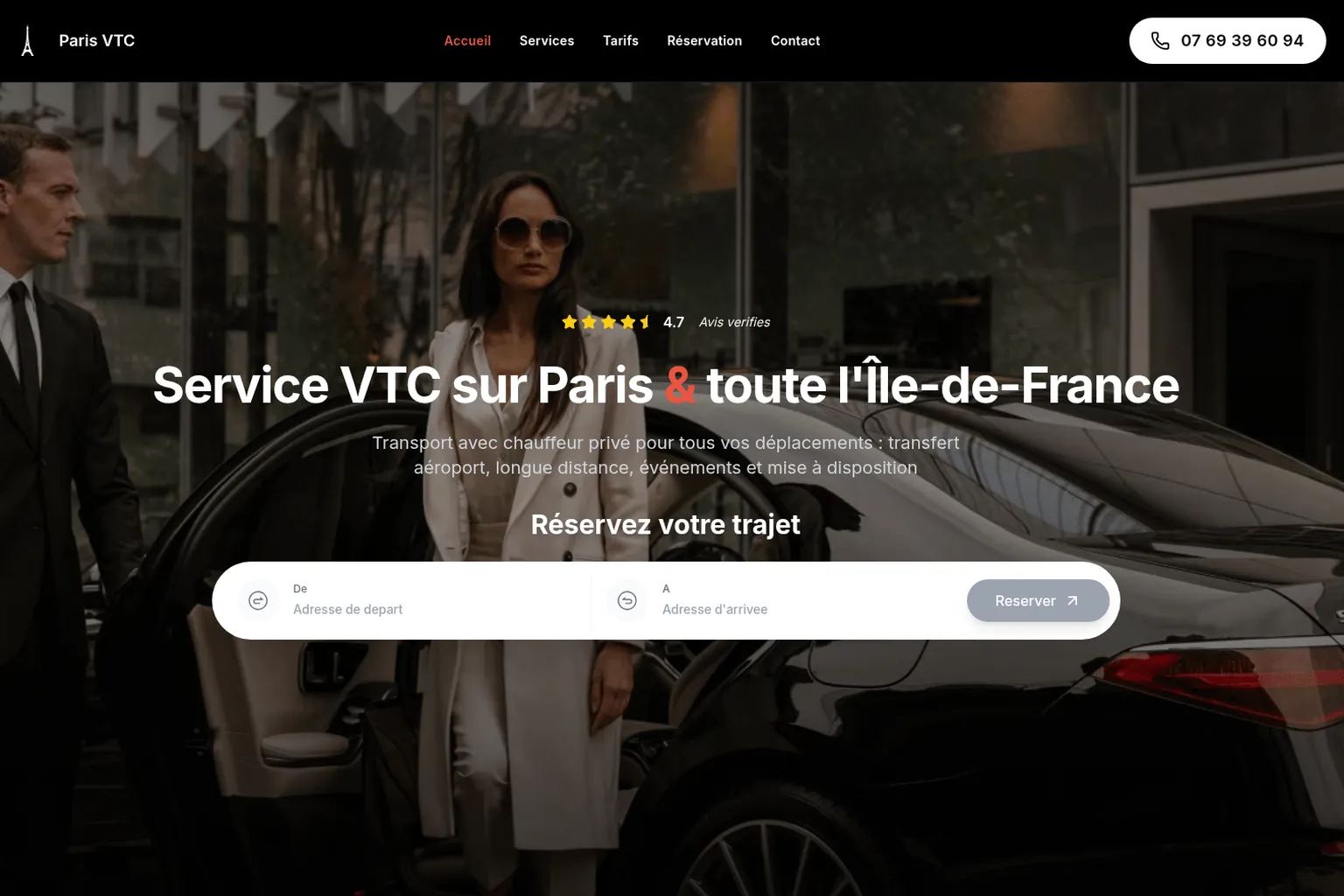 Maquette du site ParisVTC.fr — chauffeur privé VTC sur Paris avec grille tarifaire aéroports