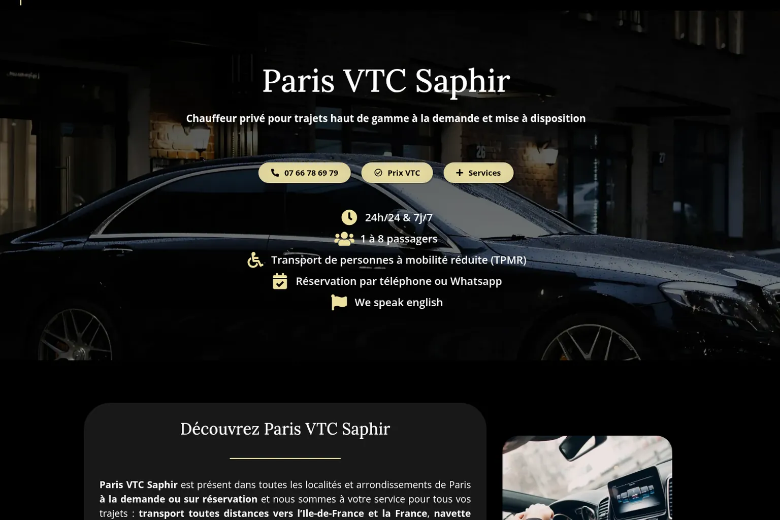 Maquette du site Paris VTC Saphir — VTC haut de gamme, direction artistique saphir et or
